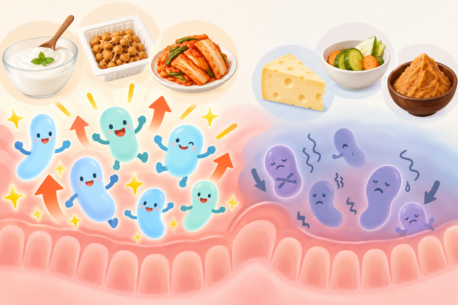 発酵食品の菌が増えやすいイメージと増えにくいイメージの比較イラスト